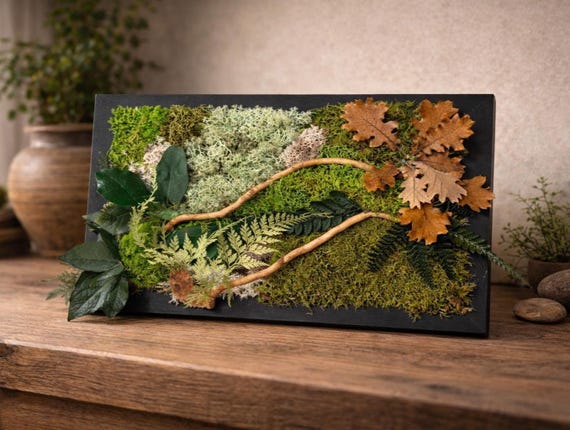 Cadre végétal stabilisé– Tableau végétal naturel forêt & feuilles de chêne – Décoration murale végétale sans entretien