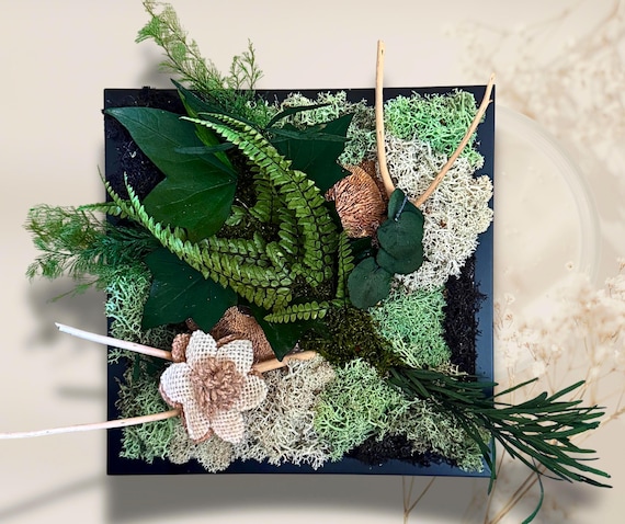 Cadre végétal en mousse stabilisée – Déco murale naturelle en mousse et feuillages – Tableau végétal fait main