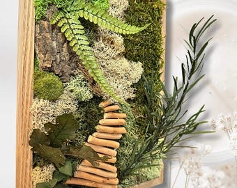 Cadre végétal mural en mousse et feuillage stabilisé – Décoration murale naturelle artisanale – Cadeau unique naturel