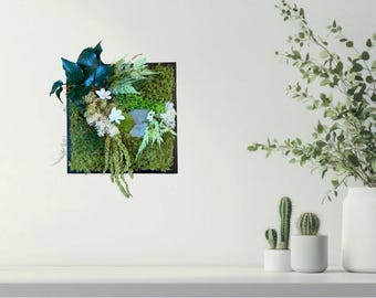 Petit cadre végétal stabilisé avec pierre naturelle – Décoration murale zen et nature – Pièce unique artisanale