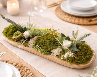 Centro de mesa con plantas preservadas – Madera natural y musgo – Elegante decoración de mesa – Arreglo floral eterno – Regalo de naturaleza con estilo