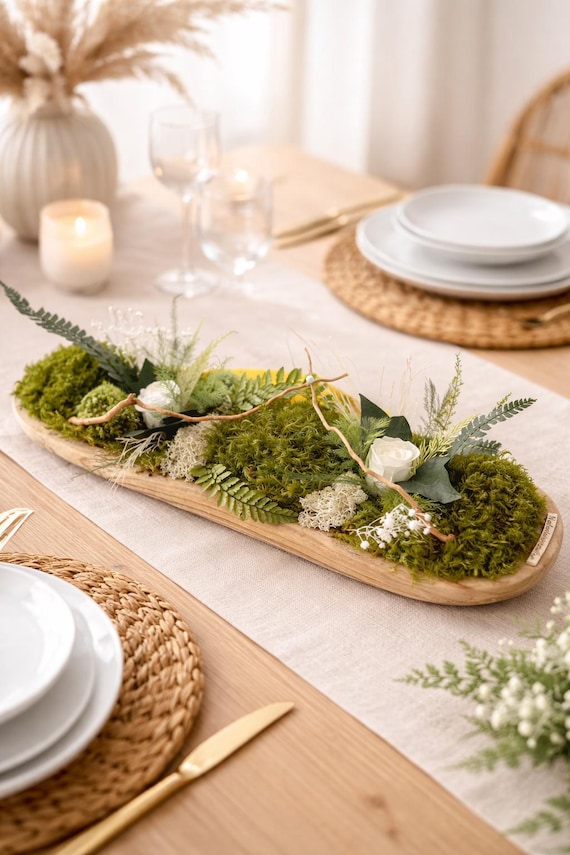 Centre de table végétal stabilisé – Bois naturel & mousse – Décoration table élégante – Composition florale éternelle – Cadeau nature chic