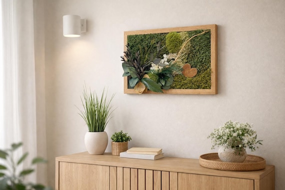 Cadre végétal mural en mousse et feuillage stabilisé – Décoration murale naturelle artisanale – Cadeau unique naturel
