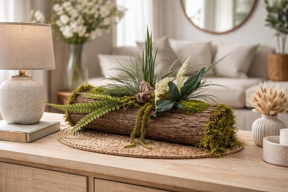Jardinière stabilisée naturelle – Centre de table végétal en écorce, mousse et feuillages - Décoration intérieure durable –