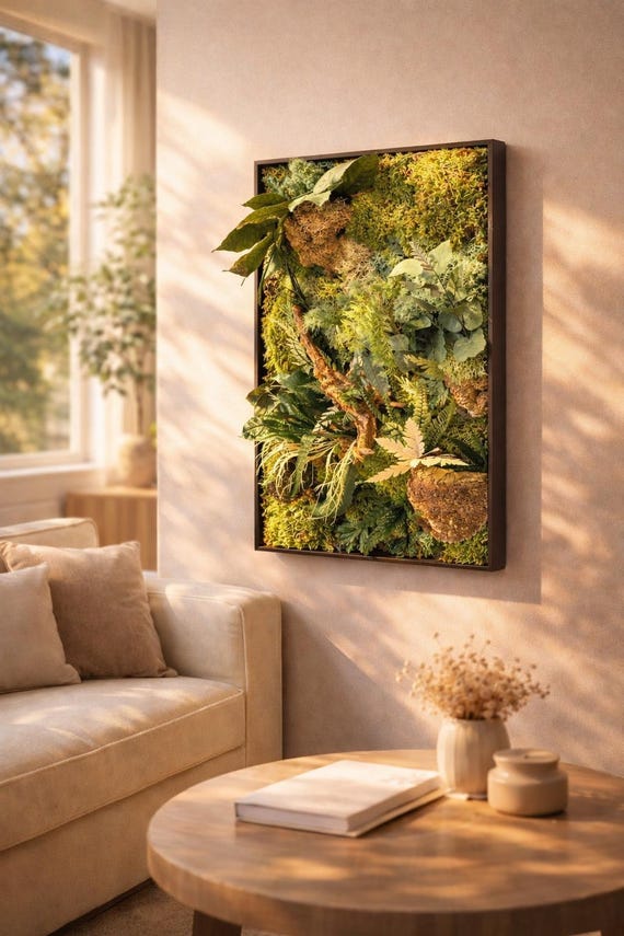 Cadre végétal stabilisé mural design – Tableau de mousse & feuillages naturels – Décoration murale artisanale en bois – Jardin vertical inté