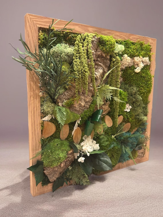 Tableau mural végétal stabilisé carré avec écorce de liège véritable- Décoration murale nature artisanale unique- Tableau végétal fait main