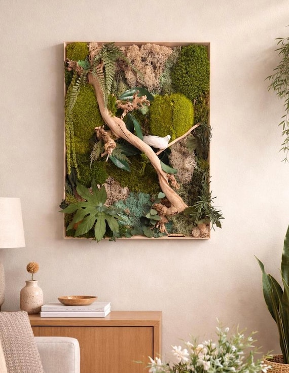 Cadre végétal en mousse stabilisée avec éclairage LED – Tableau mural nature en bois, décoration murale verdure, cadeau original fait main