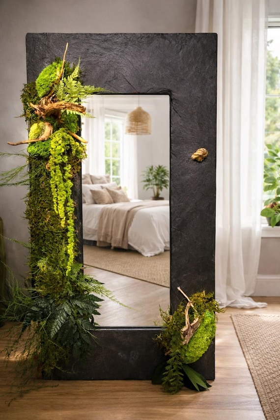 Miroir végétal stabilisé 60x30 cm – Cadre ardoise et mousse naturelle – Décoration murale végétale sans entretien