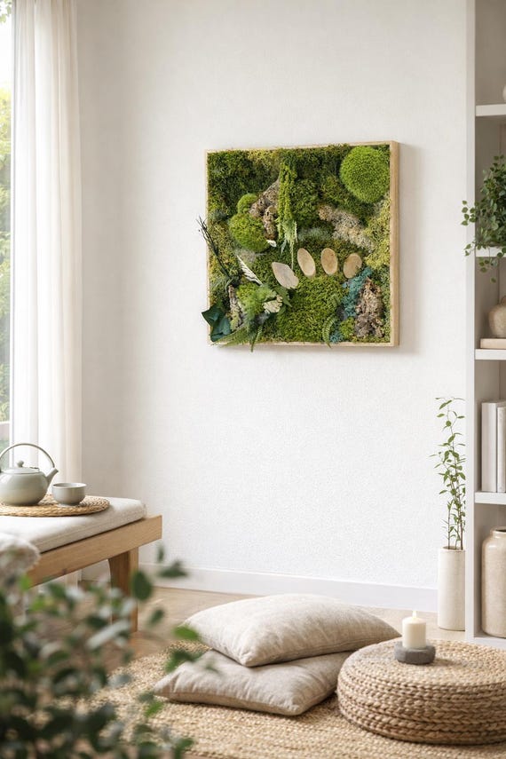 Cadre végétal stabilisé– Tableau végétal naturel avec mousse, bois et chemin zen – Décoration murale nature sans entretien