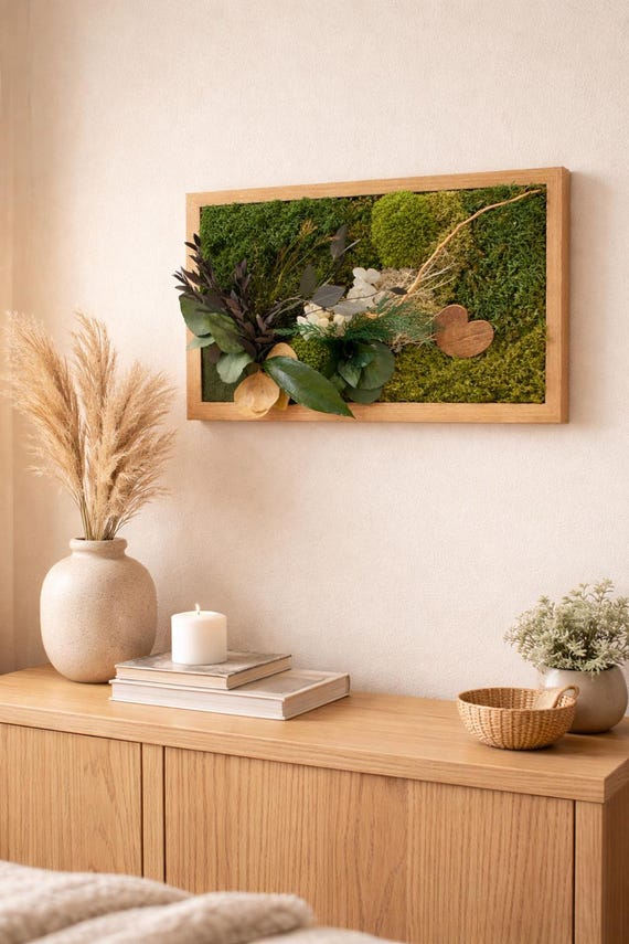 Cadre végétal mural en mousse et feuillage stabilisé – Décoration murale naturelle artisanale – Cadeau unique naturel