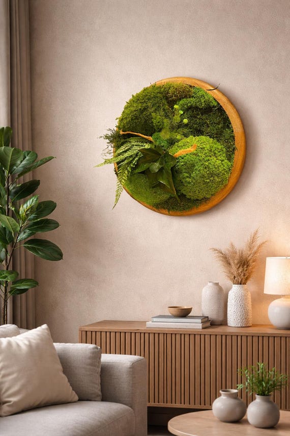 Cadre végétal stabilisé rond 40cm- Mur végétal naturel – décoration murale design en bois- Zéro entretien