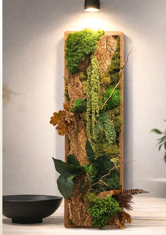 Cadre végétal stabilisé vertical 75×23 – mousse, écorce & feuillages naturels | Décoration murale nature artisanale – Naturencadre