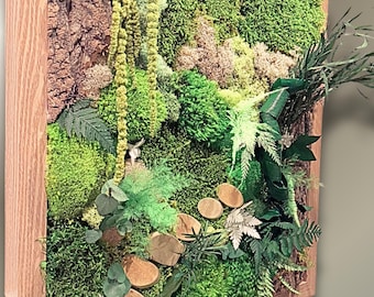 Cadre végétal stabilisée avec mousse et écorce de liège véritable carré- Décoration murale nature artisanale- Tableau végétal fait main