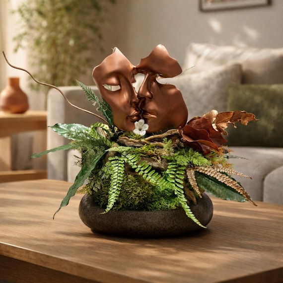 Statue couple visage 40×40 – Art Végétal Romantique | Centre de table Nature Design | Déco Amour Unique