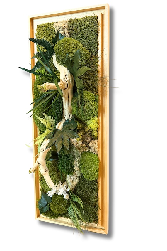 Cadre végétal mural grand format – Caisse américaine – Œuvre végétale verticale 100 cm – Décoration murale nature chic