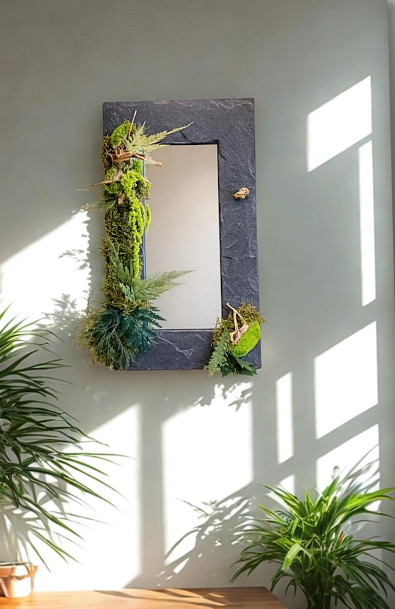 Miroir végétal stabilisé 60x30 cm – Cadre ardoise et mousse naturelle – Décoration murale végétale sans entretien