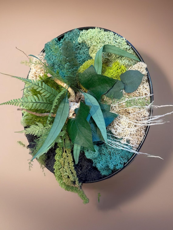 Cadre végétal rond stabilisé avec mousse, eucalyptus et feuillage naturel – Décoration murale artisanale – Tableau végétal fait main