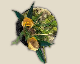 Cadre végétal rond stabilisé avec mousse, eucalyptus et feuillage naturel – Décoration murale artisanale – Tableau végétal fait main