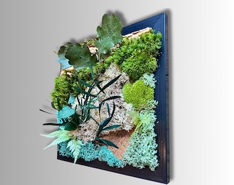 Cadre végétal stabilisé en mousse & feuillages préservés  | Décoration murale nature artisanale | Tableau de verdure design noir