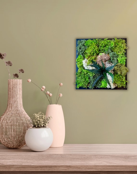 Cadre végétal stabilisé carré – Déco murale naturelle en mousse et feuillage stabilisé – Art mural fait main – Idée cadeau maison écologique