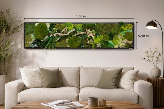 Cadre végétal XXL stabilisé – Art mural nature avec bois flotté – Tableau mousse premium fait main – Décoration murale haut de gamme salon