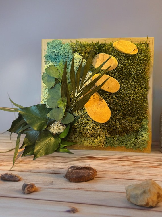 Cadre végétal stabilisé – Déco murale naturelle bleu et vert – Mouss, eucalyptus & bois – Style zen japandi