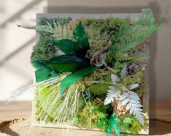 Cadre végétal stabilisé – Décoration murale naturelle en mousse préservée et feuillages – Art végétal fait main – Idée cadeau unique