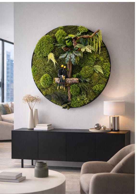 Grand cadre végétal stabilisé rond 80 cm – Œuvre murale végétale XXL – Art végétal design, décoration murale naturelle haut de gamme