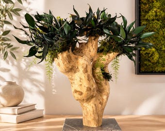 Escultura de madera flotante con plantas – Centro de mesa natural de lujo – Decoración Japandi – Arte orgánico con plantas preservadas – Pieza única