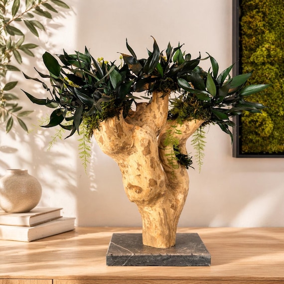 Sculpture végétale bois flotté – Centre de table naturel luxe – Décoration Japandi – Art organique avec plantes stabilisées – Pièce unique
