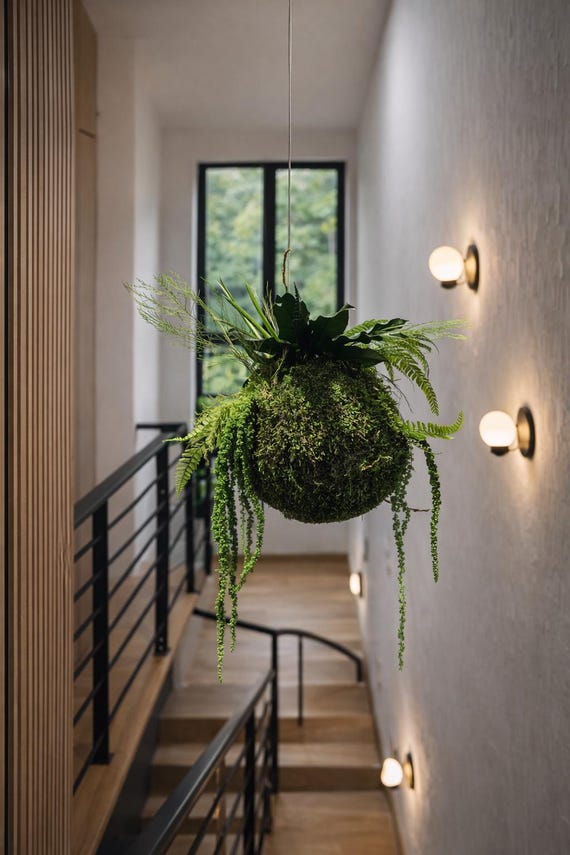 Kokedama végétal suspendu – Sphère végétale stabilisée – Décoration murale naturelle – Suspension plante sans entretien