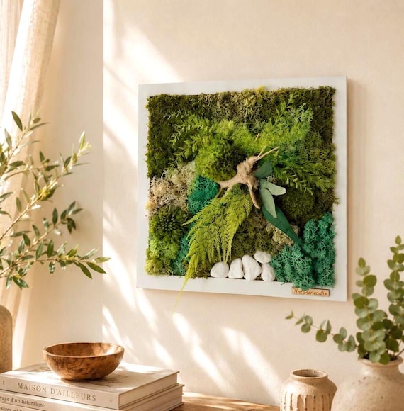 Cadre végétal stabilisé 30x30 cm – Art végétal naturel mural – Décoration zen et moderne