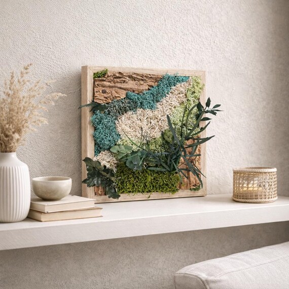 Cadre végétal stabilisé en mousse et feuillage – décoration murale naturelle avec écorce de bois – tableau végétal artisanal fait main