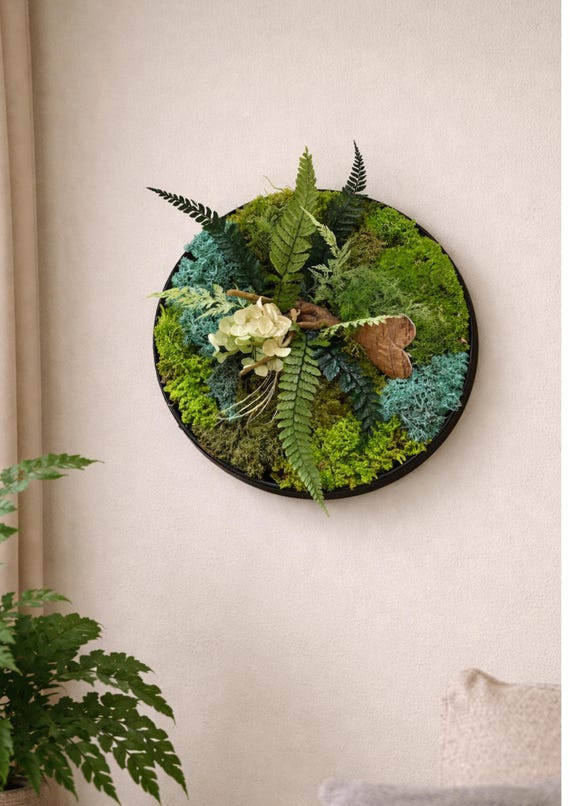 Cadre végétal rond 25 cm – Décoration murale végétale stabilisée – Mousse naturelle, fougères & hortensia – Art végétal bohème chic