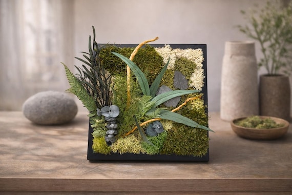 Cadre végétal stabilisé forêt | Tableau nature 22×22 cm | Mousse & fougères | Déco murale zen | Art végétal fait main – Naturencadre