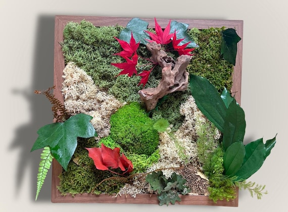 Tableau végétal stabilisé en mousse stabilisée– Tableau mural nature zen- Décoration murale végétale 33*33 cm– Art végétal naturel fait main