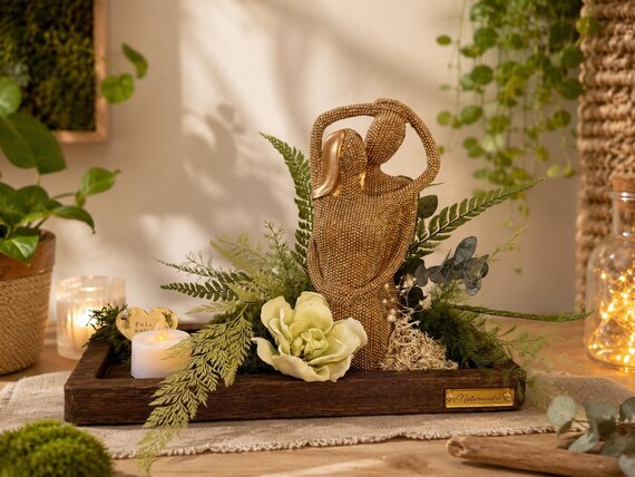 Centre de table végétal stabilisé « Étreinte Dorée » – Décoration mariage, anniversaire de mariage, cadeau couple