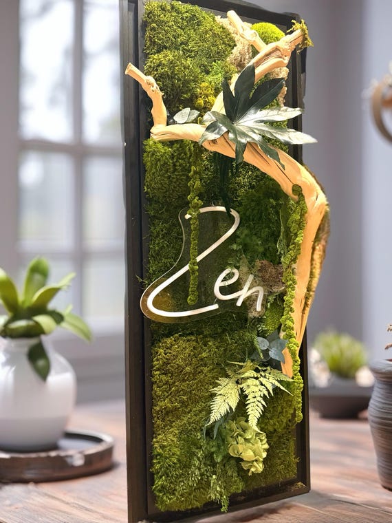 Grand cadre végétal mural lumineux « zen »– Caisse américaine – Œuvre végétale verticale 100 cm – Décoration murale nature chic