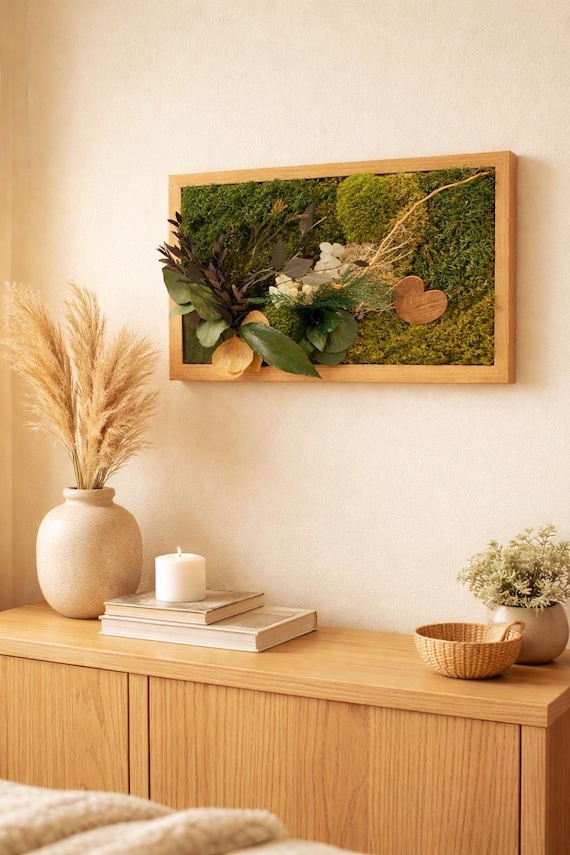 Cadre végétal mural en mousse et feuillage stabilisé – Décoration murale naturelle artisanale – Cadeau unique naturel