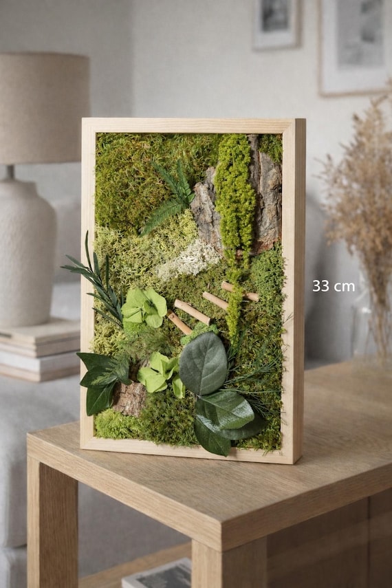 Cadre végétal stabilisé 33 cm – Décoration murale nature – Tableau végétal fait main – Mur végétal intérieur