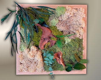 Cadre végétal stabilisé – Mousse naturelle, bois flotté et feuillage – Décoration murale artisanale en relief- Unique