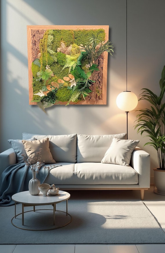 Cadre végétal stabilisée avec mousse et écorce de liège véritable carré- Décoration murale nature artisanale- Tableau végétal fait main