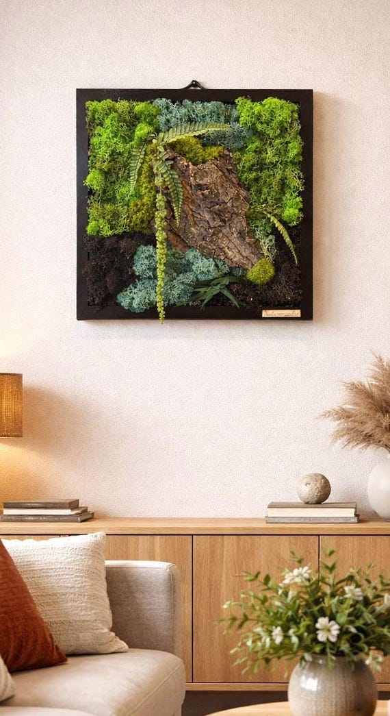 Cadre végétal en mousse naturelle stabilisée- tableau mural en mousse et écorce – décoration naturelle artisanale en bois