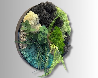 Cadre végétal rond stabilisé avec mousse, eucalyptus et feuillage naturel – Décoration murale artisanale – Tableau végétal fait main