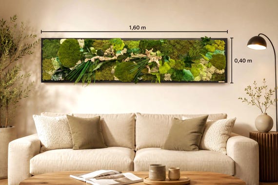 Cadre végétal XXL stabilisé – Art mural nature avec bois flotté – Tableau mousse premium fait main – Décoration murale haut de gamme salon