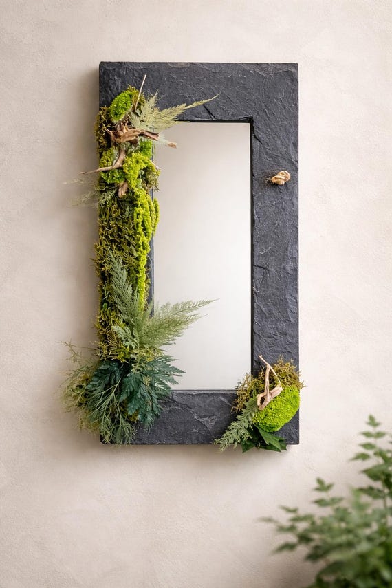 Miroir végétal stabilisé 60x30 cm – Cadre ardoise et mousse naturelle – Décoration murale végétale sans entretien