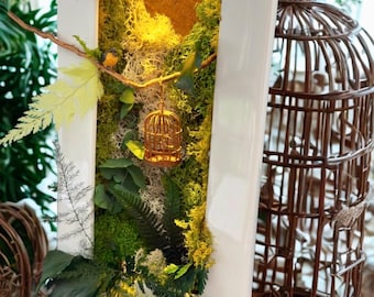 Cadre végétal stabilisé  lumineux avec oiseau et cœur – Déco murale fait main et poétique- « l’envol du cœur », unique