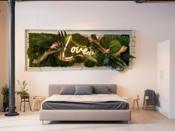 Cadre végétal 100 cm avec néon LOVE– Art mural naturel luxe– Décoration murale moderne bois flotté– Tableau mousse stabilisée