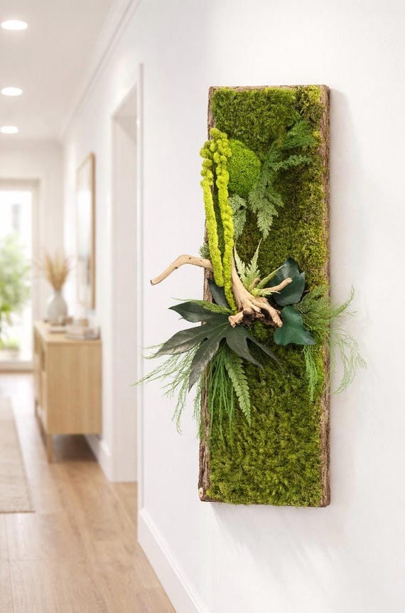 Cadre végétal stabilisé vertical– Mousse naturelle et bois flotté – Cadre en écorce – Décoration murale nature