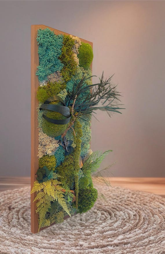 Tableau mural végétal en mousse stabilisée bleu et vert forêt- Décoration murale panoramique artisanale unique 50*20cm